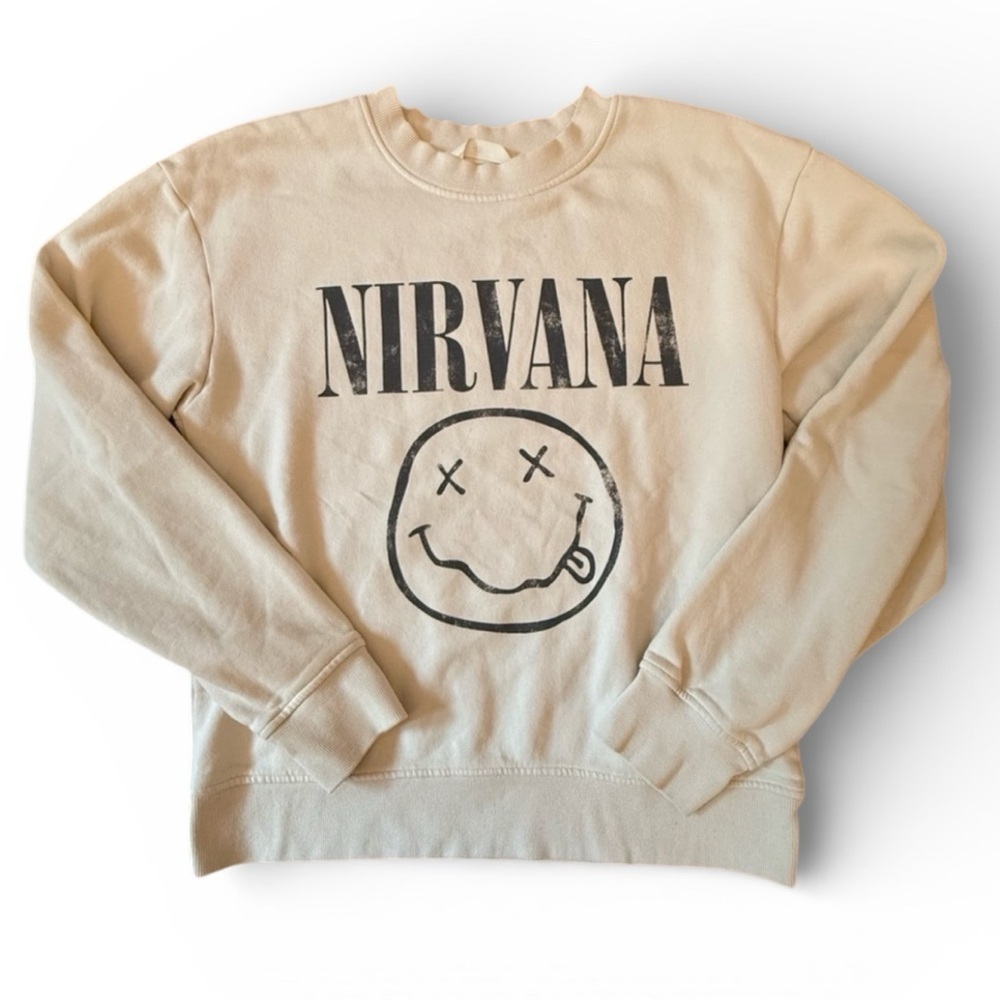 H&M Nirvana Graphic Smiley Face Sweatshirt Beige Cream Women’s Size XS
